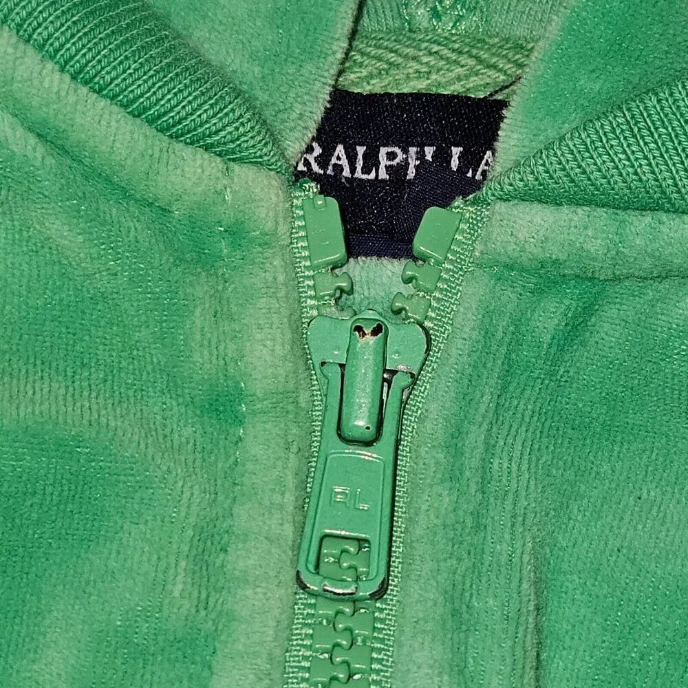 Ralph Lauren Green Velour Hoodie Full Zip Sweatshirt Baby Infant 9 Months READ